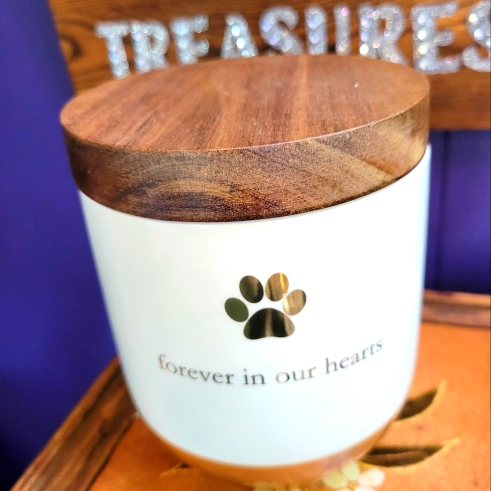 Large ceramic pet urn with wooden lid-white,brown,gold